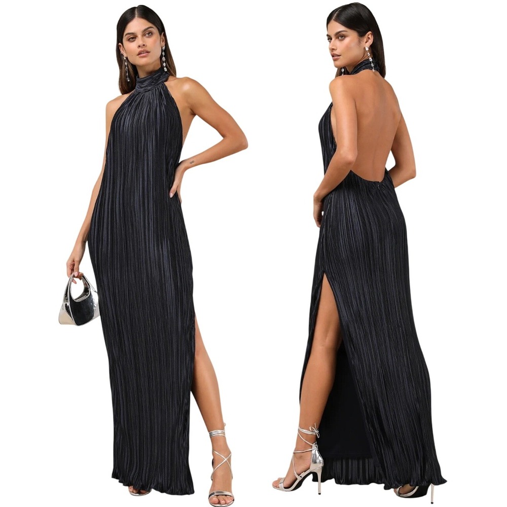Lulu's Black Pleated Halter Backless Maxi Dress